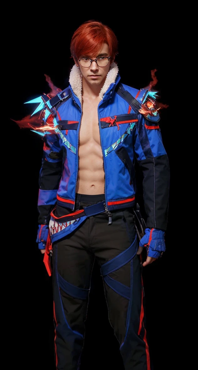 Create a high-resolution image of a male character in a video game style similar to Free Fire. The character must have the following characteristics and clothing details:Hair and Face:Deep red hair, messy hairstyle.Wear round black frame glasses.Serious and focused face.Upper Clothing:Blue jacket with red and turquoise details.The jacket has a futuristic design, with sharp spikes and edges that emanate a bright reddish energy.The jacket is open, showing the character's naked torso, which must be well defined.Lower Clothing:Black tight pants with blue and red details.The pants have a modern design, with geometric lines and patterns in blue and red.Footwear:Futuristic sneakers in blue and red with shiny turquoise soles.accessories:The jacket has shoulder pads with red spikes and turquoise lights.Mittens or gloves of the same futuristic design as the jacket.pose:The character must be in a dynamic pose, with one leg slightly forward as if about to take a firm step.One arm should be extended forward, with his hand open as if he were wielding an invisible energy.The other arm should be bent, with your hand close to your hip.The facial expression should be one of determination, looking towards the horizon.bottom:The background must be a futuristic urban environment, with neon lights and pronounced shadows, creating a night and technological atmosphere.Text:Includes the logo "Free Fire" In the lower right corner.Art Style:Realistic style with accurate details in the character's clothing and posture.Use of vibrant colors and lighting effects to highlight the futuristic details of the clothing.
