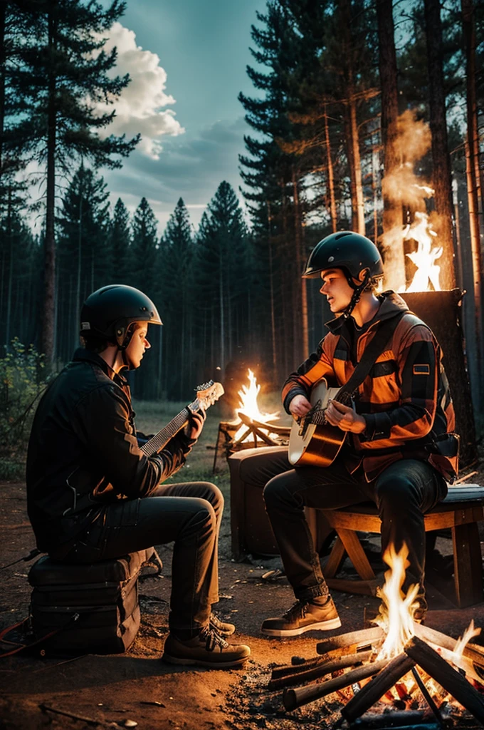 Make me a picture of a young man with a motorcycle helmet playing his guitar in a forest with a campfire and the sky full of colors