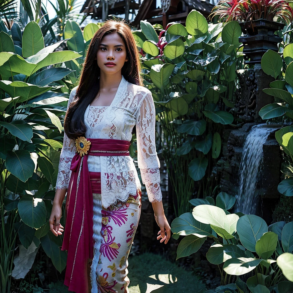 Hyperrealist portrait of female indonesian medium breast topless,wearing see-trough opened white balinese kebaya, long straight black hair, by david hockney and alphonse mucha, fantasy art, photo realistic, dynamic lighting, artstation, poster, volumetric lighting, very detailed faces, 4 k, award winning,, 1girl, in the dark, deep shadow, low key, super details, view full body modeling pose