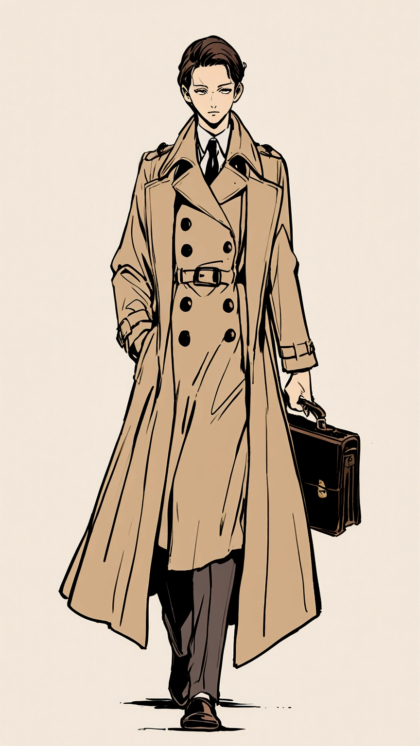 Illustration of a lady walking with a briefcase and a handbag, 女人Wearing a trench coat, Wearing a trench coat, Wearing a trench coat, he is Wearing a trench coat, walking to work with a briefcase, ( ( Wearing a long coat ) ), Illustration style, Trench coat and suit, 采用数码Illustration style, walking to work