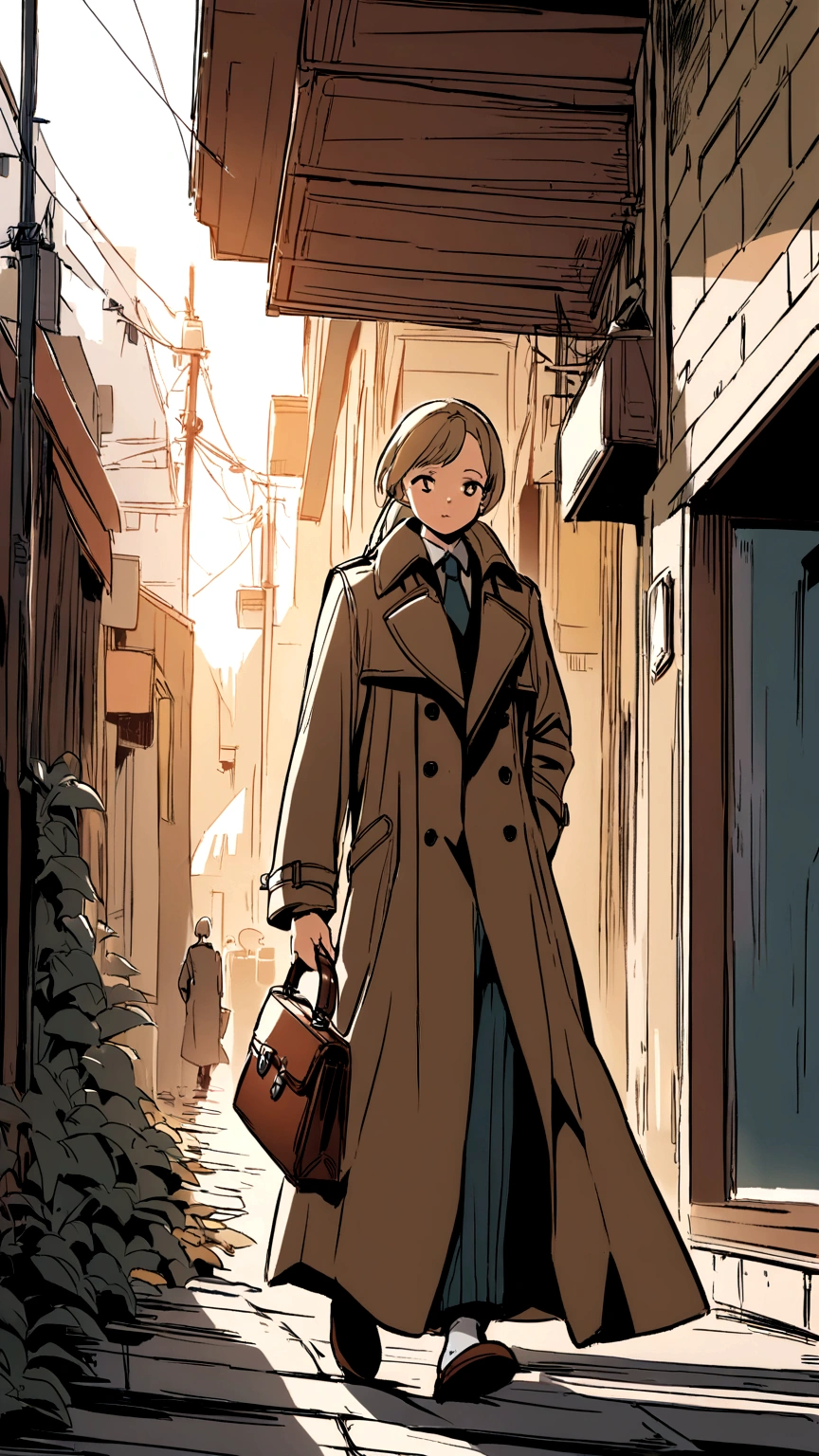 Illustration of a lady walking with a briefcase and a handbag, 女人Wearing a trench coat, Wearing a trench coat, Wearing a trench coat, he is Wearing a trench coat, walking to work with a briefcase, ( ( Wearing a long coat ) ), Illustration style, Trench coat and suit, 采用数码Illustration style, walking to work