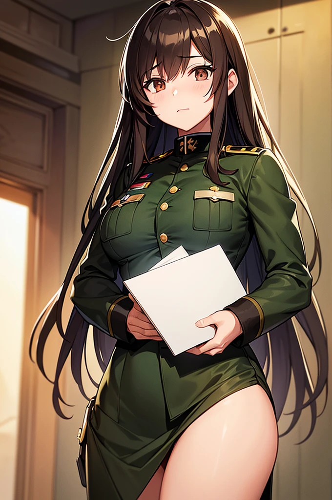((Best quality)), ((masterpiece)), (detailed), Tenko Chabashira from Danganronpa in Soviet army uniform, miniskirt, stockings, riding a dick, Ahegao
