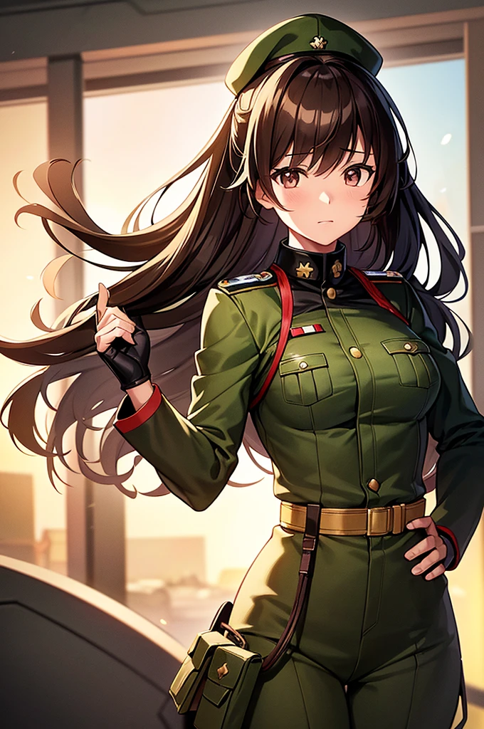 Content:
An anime-style image of a female soldier in uniform. She has long brown hair and black skin, with brown eyes. Her uniform takes loose inspiration from German military uniforms, without any medals or a hat.

Medium:
Digital art, anime illustration.

Style:
From Girls' Frontline, Girls' Frontline style, fine details, Girls' Frontline CG, official character art by Fujita Goro.

Lighting:
Soft, natural lighting to emphasize her features and the details of her uniform, creating a balanced and realistic look.

Colours:
A palette of military greens and browns, with subtle highlights to bring out the texture of the uniform and the character's features.