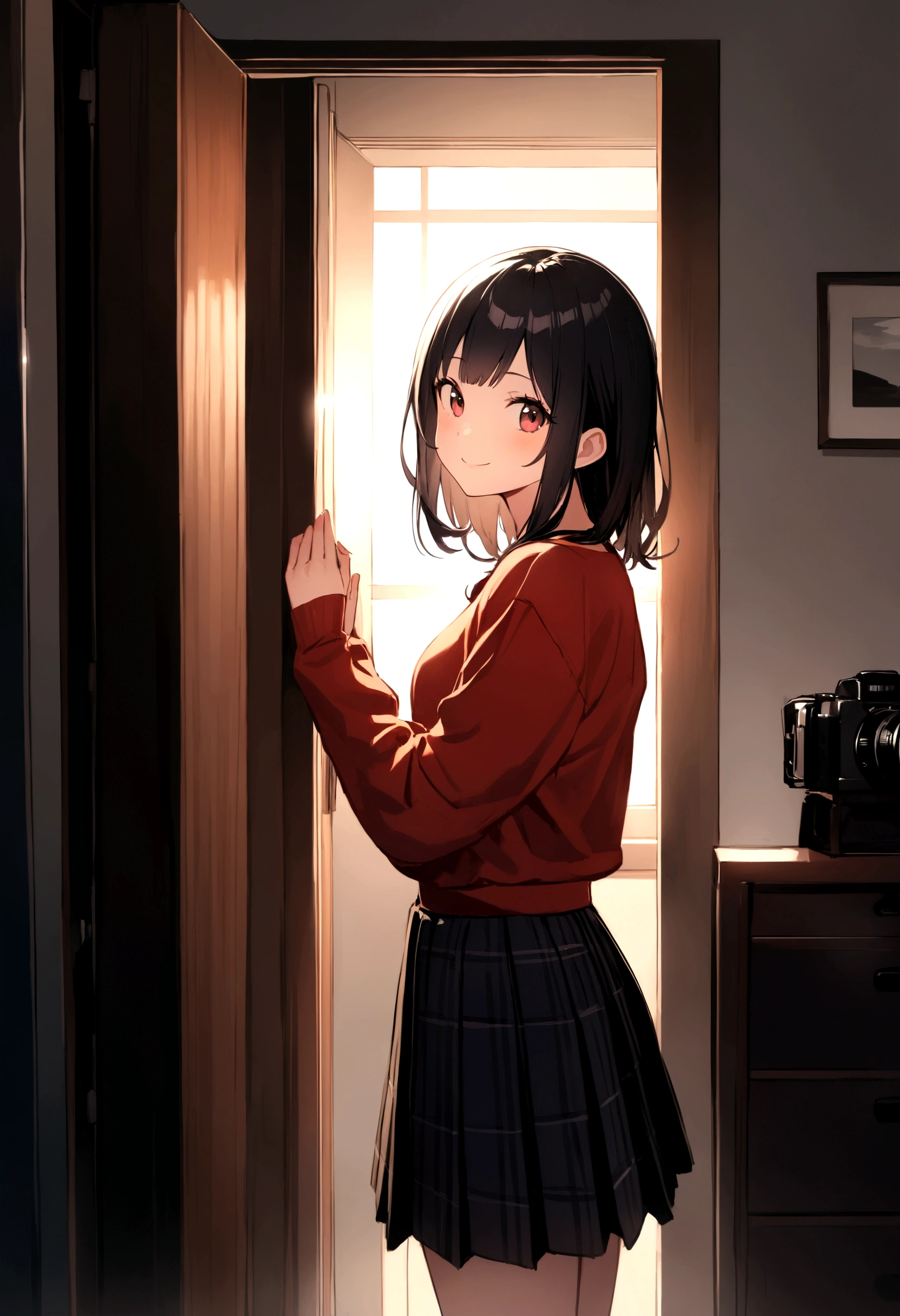 top-quality, Photorealsitic, ​masterpiece, 8K, Hi-Res, solo, 1girl, (((infp young woman))),、full bodyesbian、(small tits), ((Look at viewers)), (look at a camera), ((Various hairstyles close to long)）、Perfect straight black hair、((With bangs))、 (profetional lighting), Highly detailed bright face、Gentle Japan girl、Nice smiling face、Red T-shirt（long-sleeve）、Checked pleated skirt、Standing in the room