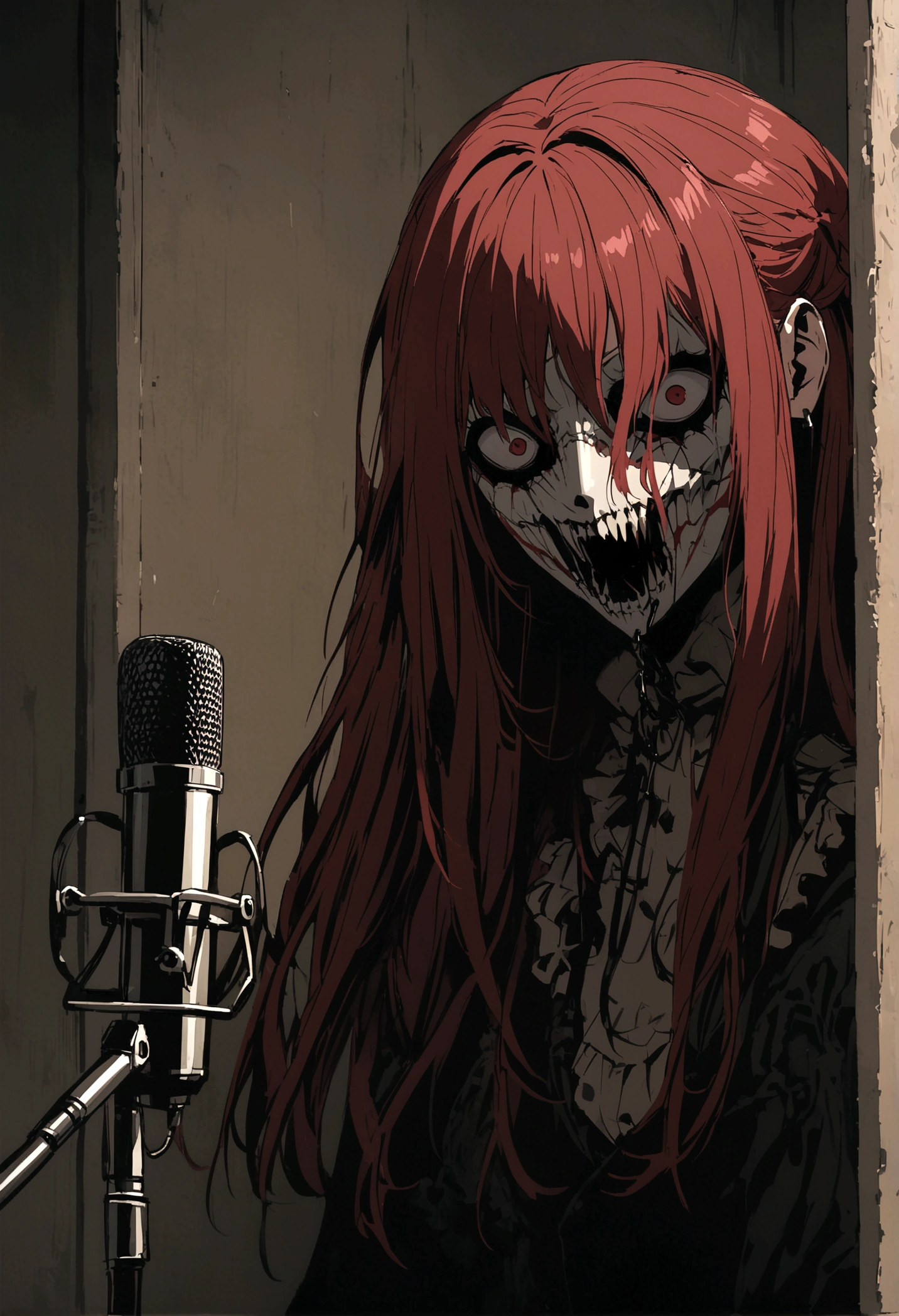 An anime character with terrifying details, dark red hair, wearing a mask with terrifying details, in a room with terrifying details in front of her, a microphone.