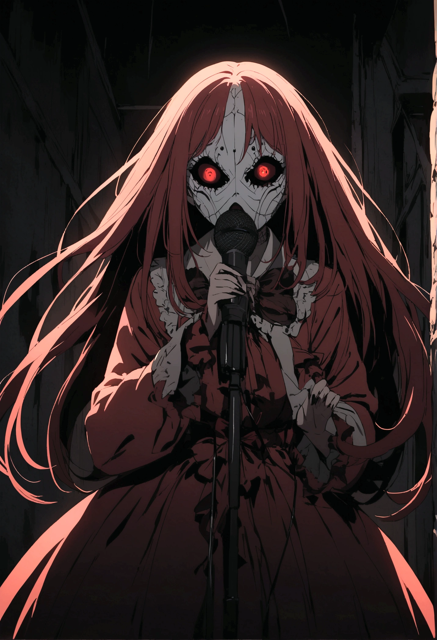 An anime character with terrifying details, dark red hair, wearing a mask with terrifying details, in a room with terrifying details in front of her, a microphone.