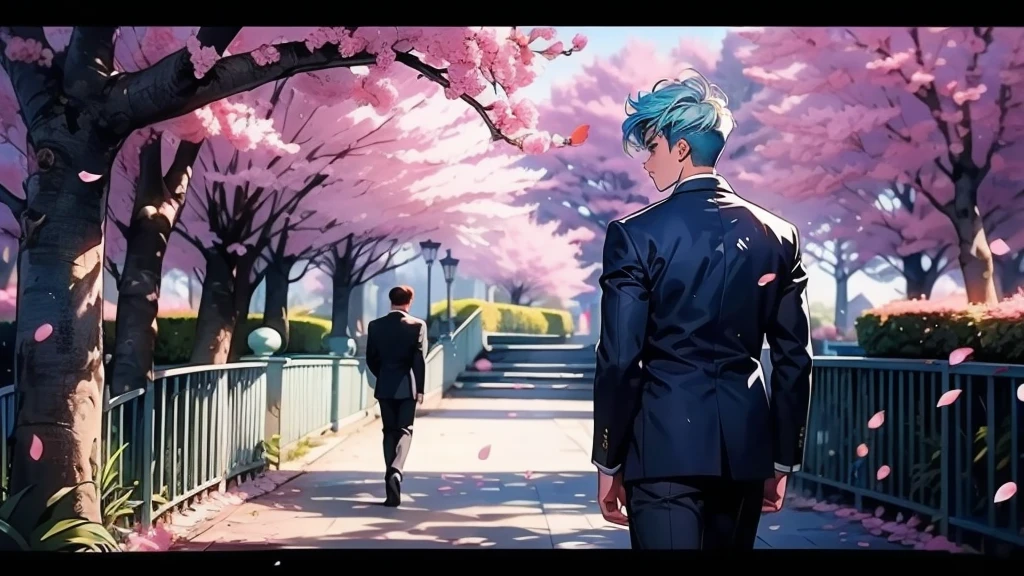 1boy,Highest quality、Masterpiece、Official Art、The best dynamic composition、Light blue hair color、The boy is a junior high school student、Entrance Ceremony、Navy blue blazer and navy blue trousers、In a white shirt、Blue tie、Student Back、sneakers、Cherry blossom petals