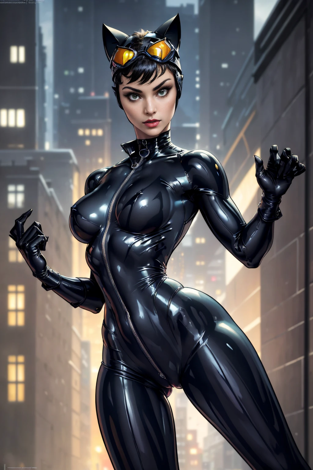 (masterpiece, best quality:1.2), catwoman, 1girl, solo, breasts, (cat ears, goggles, goggles on head), black bodysuit, night, center opening, unzipped, open bodysuit, green eyes, blurry background, perfect hands, perfect fingers, skimpy outfit, (muscular, thick thighs), upper body view