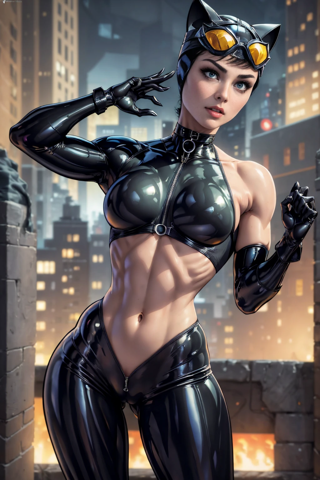 (masterpiece, best quality:1.2),  catwoman, 1girl, solo, , (cat ears, goggles, goggles on head), black , night, center opening, unzipped, open , green eyes, blurry background, perfect hands, perfect fingers,  outfit, (muscular, thick thighs), upper body view