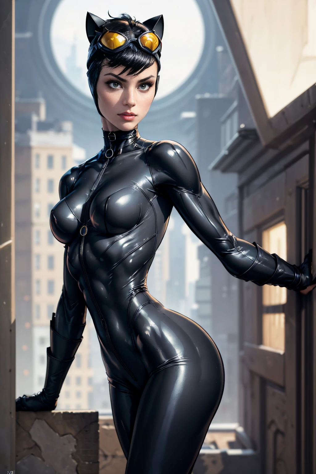 (masterpiece, best quality:1.2),  catwoman, 1girl, solo, breasts, (cat ears, goggles, goggles on head), black bodysuit, night, center opening, unzipped, open bodysuit, green eyes, blurry background, perfect hands, perfect fingers, skimpy outfit, (muscular, thick thighs), upper body view