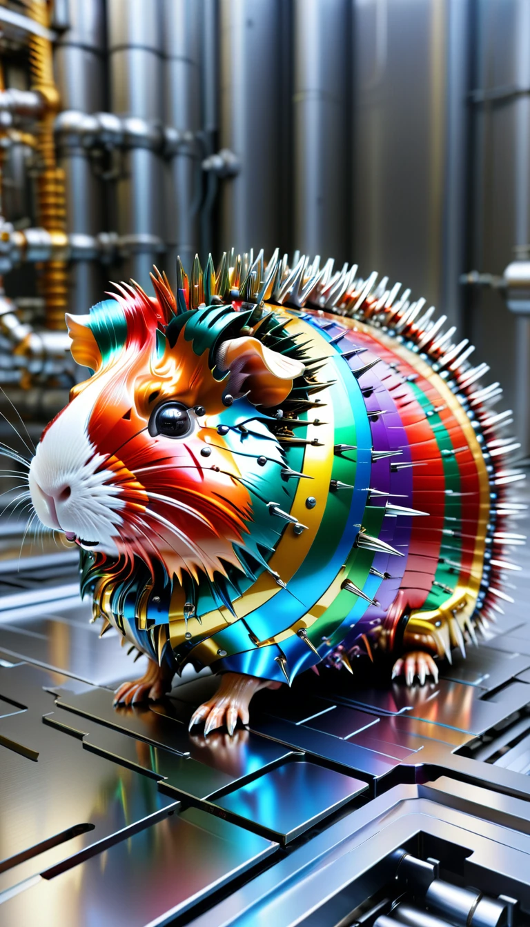 There is no one, Reality Photos, Reality Photos, Realistic photo of a guinea pig-like creature, spikes, multi-colored shiny fur, strange and, Surreal and, the other world, A robotic factory with a shiny assembly plant, intricate details, very sharp, Sophisticated details, Flawless composition, vivid colors, masterpiece, futuristic, metal decoration, The shiny red interior is empty., polished, ray tracing