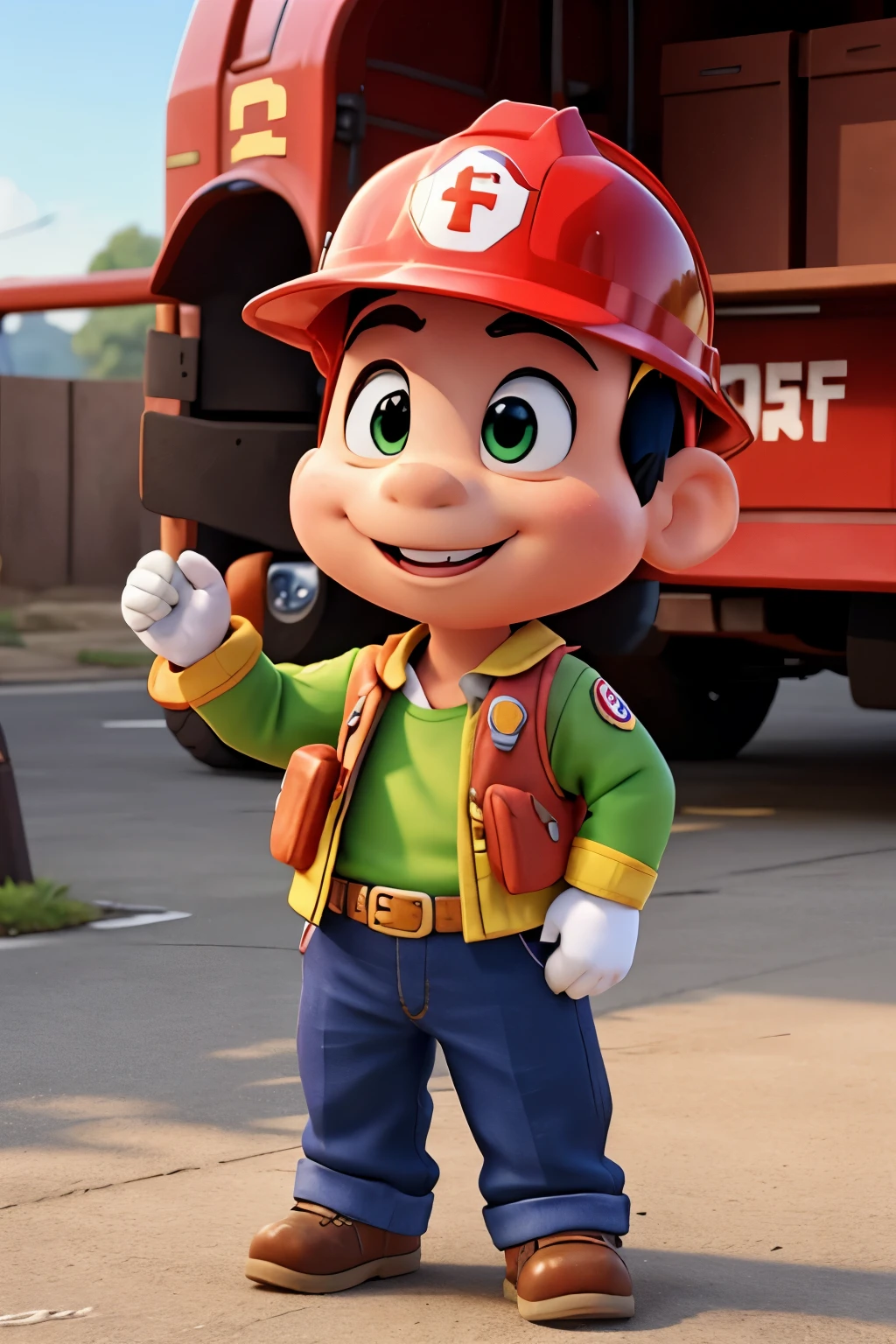 Create an image of Yoshi wearing a firefighter helmet