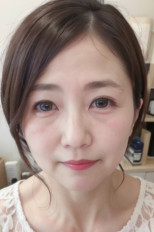 8K, Mature elegant Japanese woman, 55 years old, Married women, Delicate features, Long eyelashes, Sparkling eyes, Low Ponytail, Red lipstick, Rosy Cheeks, eye shadow, Attractive lips, Poke out your lips, ((Kissing Face)), Upper Body, naked,  (Highest quality,8K,High resolution,masterpiece:1.2),