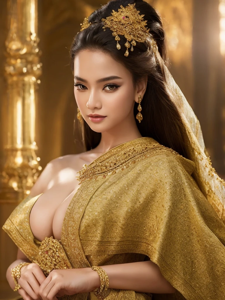 (masterpiece, best quality:1.2), 1girl, solo, thai girl, thai dress, dress, big breasts, beautiful detailed eyes, beautiful detailed lips, extremely detailed face and eyes, long eyelashes, flowing hair, intricate clothing details, photorealistic, 8k, natural lighting, warm color tones, fantasy art, cinematic lighting