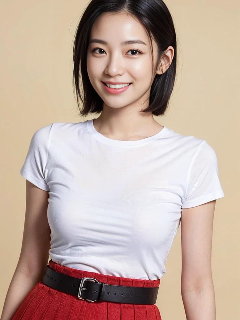 a gorgeous lady, age 22, white T-shirt and red skirt, black belt, dimpled smile, short ponytail hair, natural pose, photorealistic, beautiful detailed eyes, ample round bosom, hyper-realism, high contrast, ultra HD, realistic skin textures, top image quality, top-quality, super high resolution, fine details, very meticulously, simple lime background