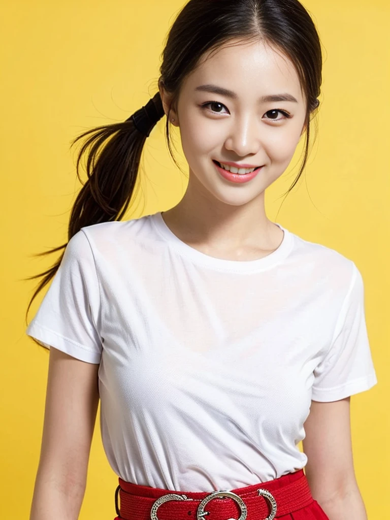 a gorgeous lady, age 22, white T-shirt and red skirt, black belt, dimpled smile, short ponytail hair, natural pose, photorealistic, beautiful detailed eyes, ample round bosom, hyper-realism, high contrast, ultra HD, realistic skin textures, top image quality, top-quality, super high resolution, fine details, very meticulously, simple lime background