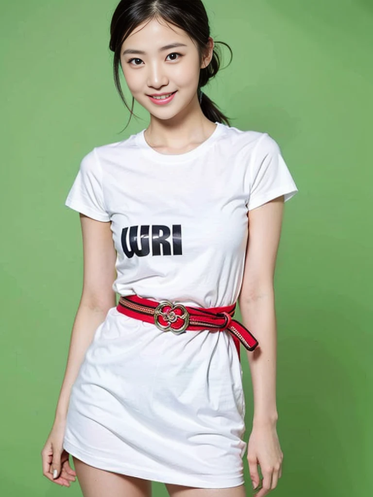 a gorgeous lady, age 22, white T-shirt and red skirt, black belt, dimpled smile, short ponytail hair, natural pose, photorealistic, beautiful detailed eyes, ample round , hyper-realism, high contrast, ultra HD, realistic skin textures, top image quality, top-quality, super high resolution, fine details, very meticulously, simple lime background