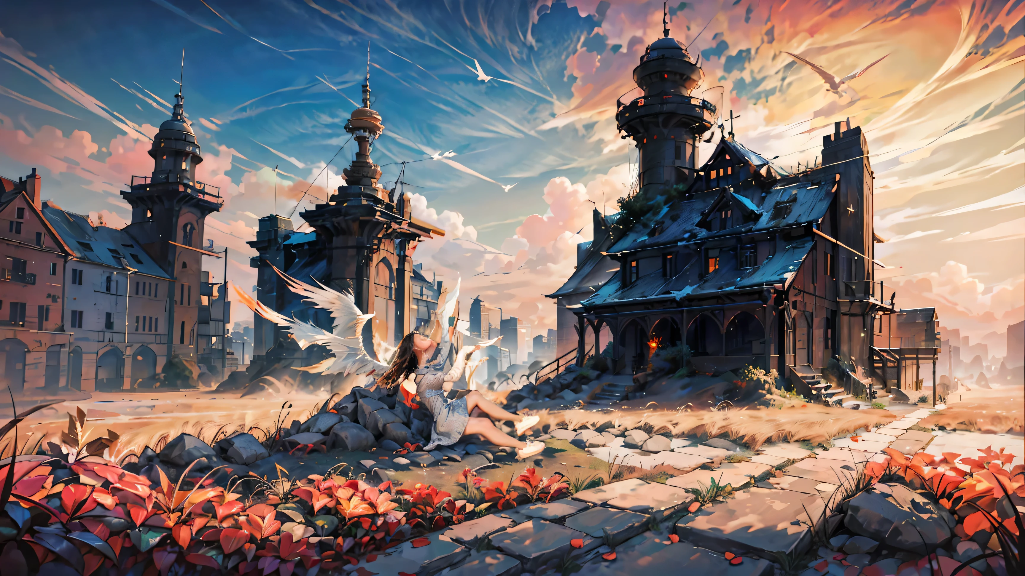 Landscapes, battlefields, broken buildings, stones, bricks, bodies, bodies with swords and arrows in them, blood, smoke, fire, blue-gray sky, white clouds; Angels in the sky, put their hands together, close their eyes, sing,Angel with white wings, battlefield, Dead body lying on the ground, sword, Spear, White Cloud, Flame, Illustration style, 8k, super detail,Sunshine, Looking Angle,
