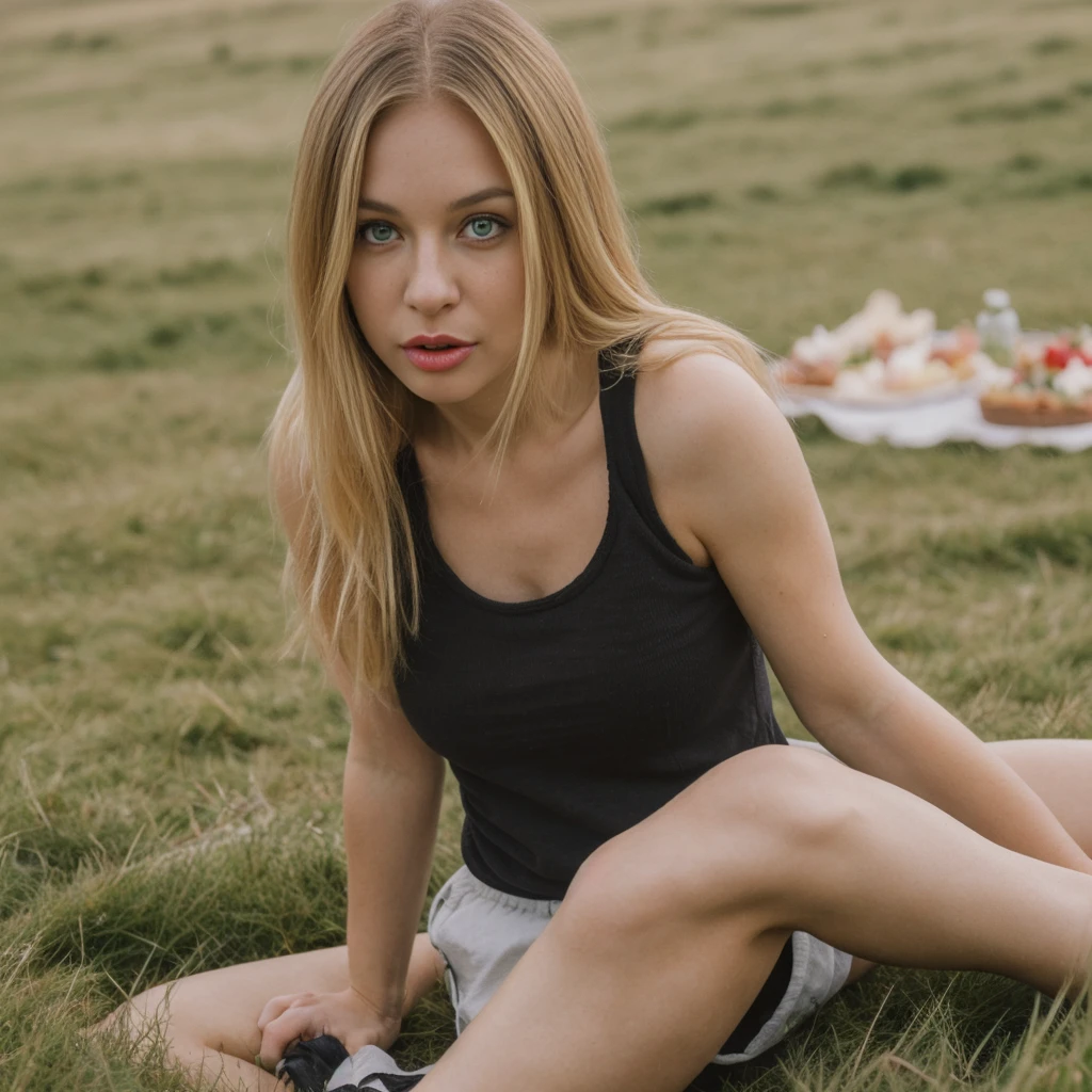 1girl, photorealistic, (((ugly face:1.5))), (((photorealistic))), (((raw photo in sequence))), (((natural lights))), (((detailed no blur background))), (((26 to 35 years old))), (((upper body and upper legs, happy))), (((detailed face))), photo_(medium), realistic, (((Caucasian woman))), (((long white blonde hair))), (((Caucasian nose))), (((Caucasian green eyes))), (((Caucasian face))), (((Caucasian lips))), ((( body))), (((wearing rugged black tank tops and shorts))), different pose, posing, (((different pose))), (((grassland))), hair is dragging by wind, candid shot, (((picnic setting))), wide shot