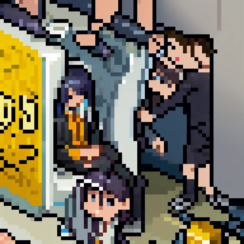 (pixel art_1.1)1female students,The girl in front of me,a girl is Sitting and sleeping on the train,standing on Young man,middle-aged Multiple Salaryman,One of them office worker is reading a newspaper,pixel art,8bit,NES,