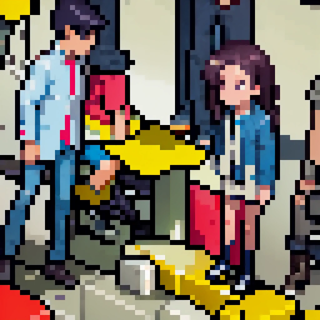 (pixel art_1.1)1female students,Composition from the front,a girl is Sitting and sleeping on the train,standing on Young man,middle-aged Multiple Salaryman,One of them office worker is reading a newspaper,pixel art,8bit,NES,