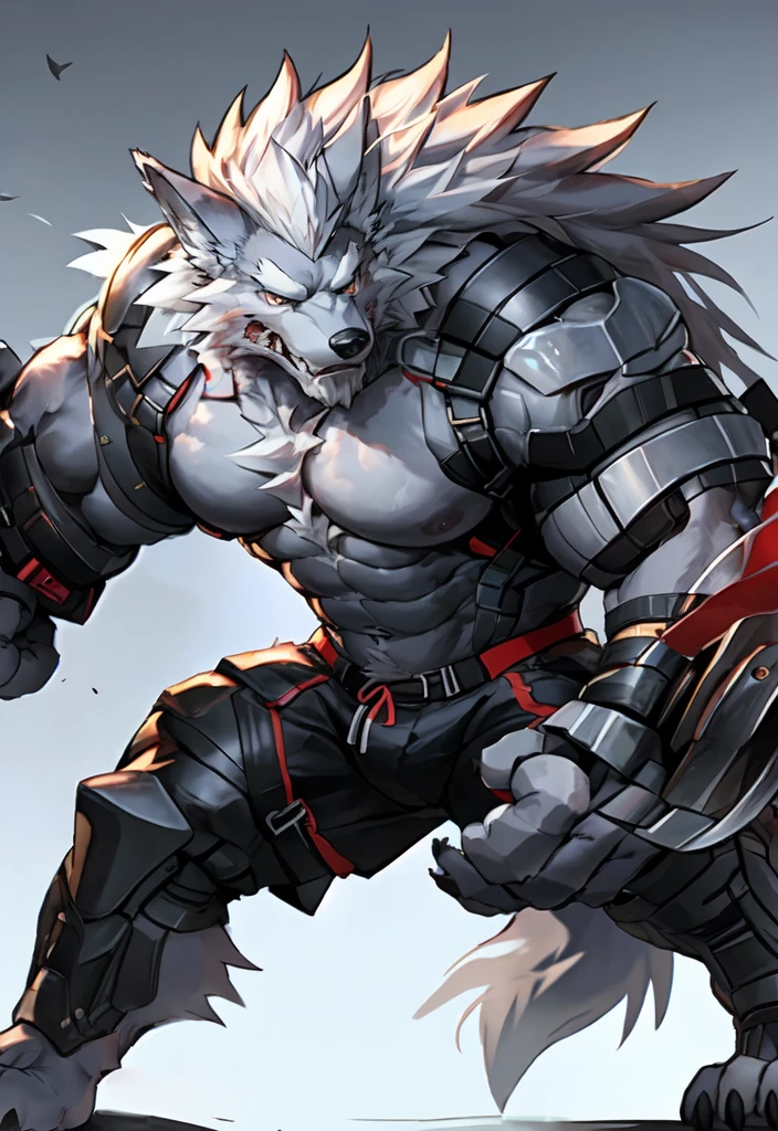 masterpiece,best quality,1 boy,alone,muscular male,Empty,8K HD,Extreme details,Detailed background,masterpiece,muscular,muscular anthro,(Sweat:1.4),getting old,looking at the audience,(langshu:1.3),wolf boy,beard,thick eyebrows,gray body,wolf ears,white hair,long hair,wolf tail,nail,by lindong,through empty ghost,体,naked,Rooster,,ball,,blush,