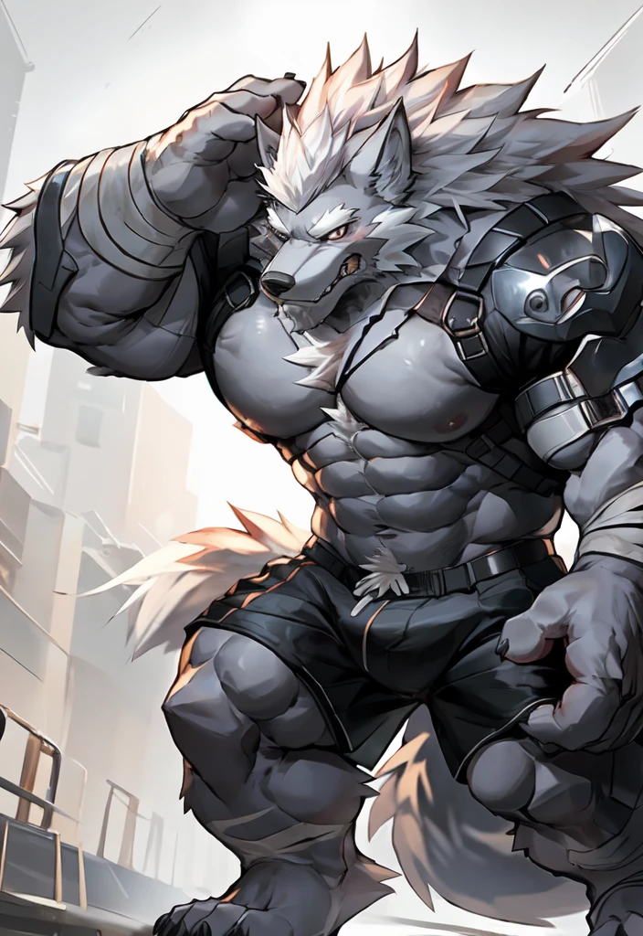 masterpiece,best quality,(1 boy:1.1),(Solitary:1.1),muscular male,Empty,8k HD,Extremely detailed,Detailed background,masterpiece,muscular,muscular anthro,grown up,(Looking at the audience:1.1),(single background:1.4), ::2],Solitary,Medium shot,whole body,
(langshu:1.3),Wolf Boy,beard,Thick eyebrows,Gray body,Wolf ears,White hair,Long hair,Wolf Tail,nail,author：(lindong:0.3),author：(null-ghost:0.7)