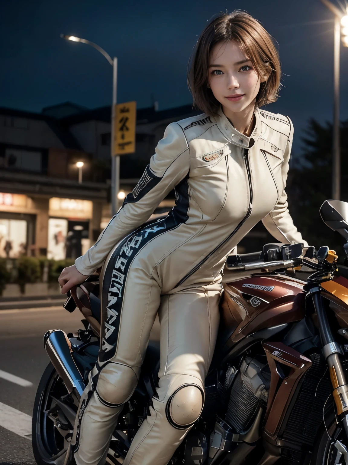 (8K, Highest quality photo quality:1.3), so beautiful, .3d, Brown Hair、Very Short Hair, blue eyes, (Abdominal muscles, Slim figure: 1.1), Sharp focus, (((Intricate details)), Beautiful and delicate lips, Beautiful and delicate nose, Beautiful and delicate face, Beautiful and delicate eyes, ((Realisticなしっとりと白い肌)), (Realistic, Realistic), Cinematic Light, Face Light, Attractive long limbs, smile, (((Detailed Motorcycle)))、(((Riding a motorcycle)))、Full Body Shot、Beige fitted long sleeve racing leather suit