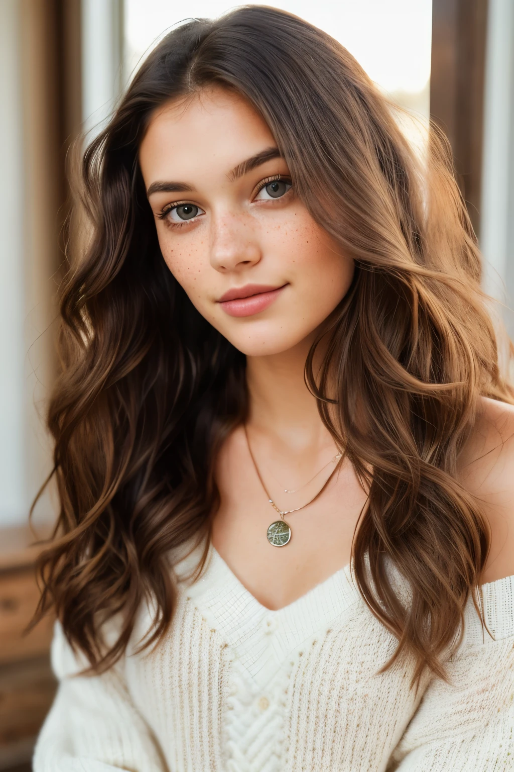 girl looking at camera, age 25, Solo, Long hair, Waist-length curly hair, Hazel eyes, jewely, Full body, a necklace, off shoulders, Sweaters, Realistic, Mellow face
an ultra-realistic image, a brunette young woman, expressive and calm face, with some light freckles, wearing a cozy oversized sweater, no makeup, captivating gaze, focusing on the viewer, with a soft smile, taken in natural light, creating a warm and inviting atmosphere, high resolution, high dynamic range, detail-oriented photography, 4K UHD output, high quality, sharp focus, bringing the image to