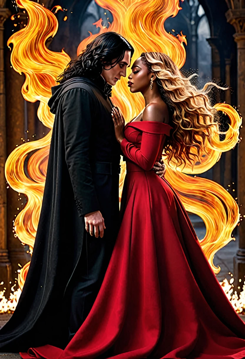 
- Scene: Create an image of two people in love in a setting of mystery and passion.
  
- Woman's Appearance:
  - Resembles Beyoncé
  - Brown skin
  - Long, golden blonde curly hair
  - Confident and seductive expression
  - Wearing a red dress, elegant and form-fitting
  - Lips painted a deep, intense red

- Man's Appearance:
  - Resembles Severus Snape
  - Pale skin
  - Large nose
  - Black, straight hair falling around his face in a somber manner
  - Serious and intense expression
  - Wearing a black cloak, contrasting with the flames around them

- Atmosphere:
  - Surrounded by flames, creating a mystical and fiery ambiance
  - Soft lighting highlighting their faces, enhancing the sparkle in their eyes
  - Flames adding an element of intensity and mystery to the scene
  - They are close to each other, gazing intensely into each other's eyes, exuding a strong emotional connection
