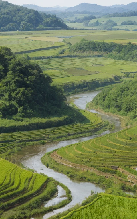 Japanese countryside depicted in ultra-realistic style,The river flows，Fireflies flutter、Nostalgic rural scenery、There are also rice fields