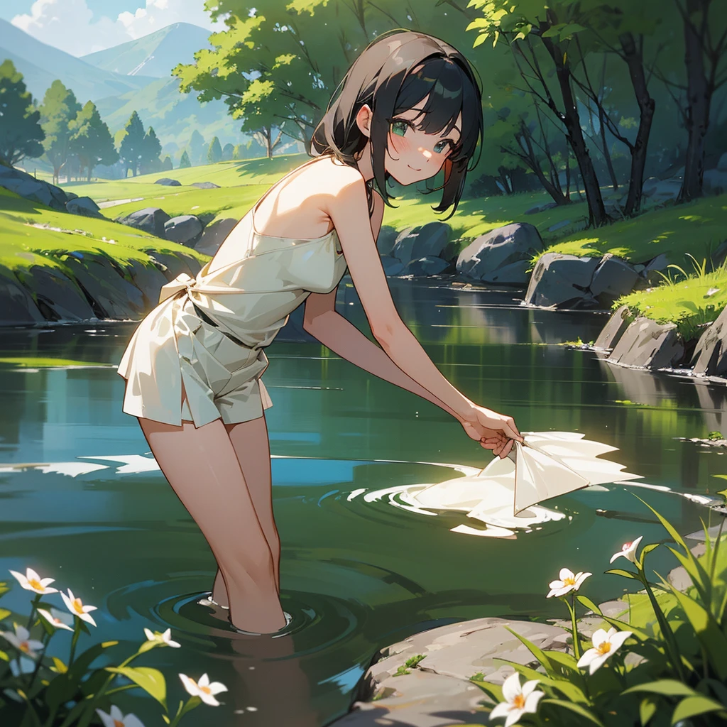 beautiful girl、16 years old、Off the shoulder、White T-shirt、Wet、See-through、slouch、Chest、Flat Chest、garden、smile、Spraying water with a hose