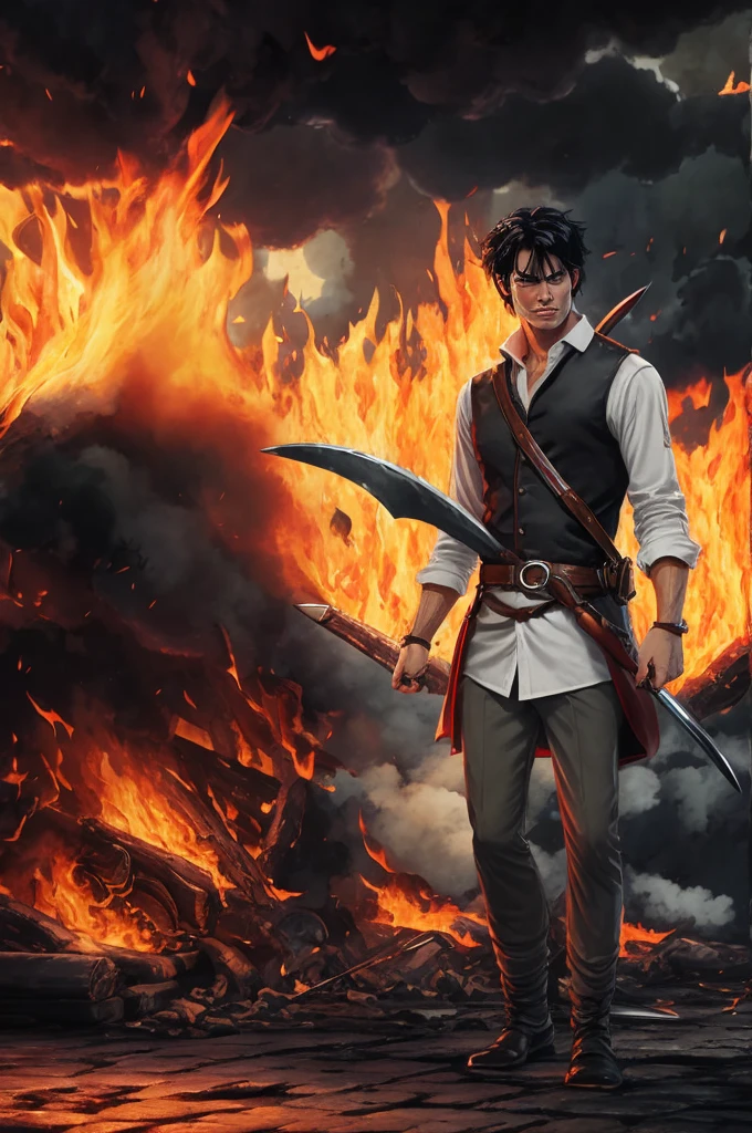 BATTLE AREA, HANDSOME MAN WITH BLACK HAIR,WHITE SHIRT, MAD, FIRE IND HIS HAND, ANGRY