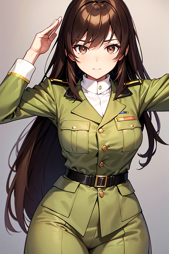 Content:
An anime-style image of a general female soldier in uniform. She has long brown hair and black skin, with brown eyes. Her uniform takes loose inspiration from German military uniforms, without any medals or a hat. She's saluting to the camera with a confident look in her eyes

Medium:
Digital art, anime illustration.

Lighting:
Soft, natural lighting to emphasize her features and the details of her uniform, creating a balanced and realistic look.

Colours:
A palette of military greens and browns, with subtle highlights to bring out the texture of the uniform and the character's features.