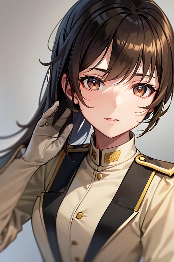 Content:
An anime-style image of a general female soldier in uniform. She has long brown hair and black skin, with brown eyes. Her uniform takes loose inspiration from German military uniforms, without any medals or a hat. She's saluting to the camera with a confident look in her eyes

Medium:
Digital art, anime illustration.

Lighting:
Soft, natural lighting to emphasize her features and the details of her uniform, creating a balanced and realistic look.

Colours:
A palette of military greens and browns, with subtle highlights to bring out the texture of the uniform and the character's features.