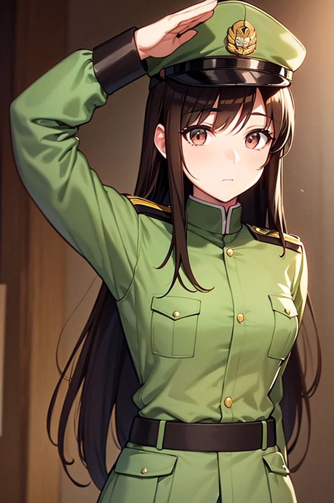 Content:
An anime-style image of a general female soldier in uniform. She has long brown hair and black skin, with brown eyes. Her uniform takes loose inspiration from German military uniforms, without any medals or a hat. She's saluting to the camera with a confident look in her eyes
Medium:
Digital art, anime illustration.
Lighting:
Soft, natural lighting to emphasize her features and the details of her uniform, creating a balanced and realistic look.
Colours:
A palette of military greens and browns, with subtle highlights to bring out the texture of the uniform and the character's features.