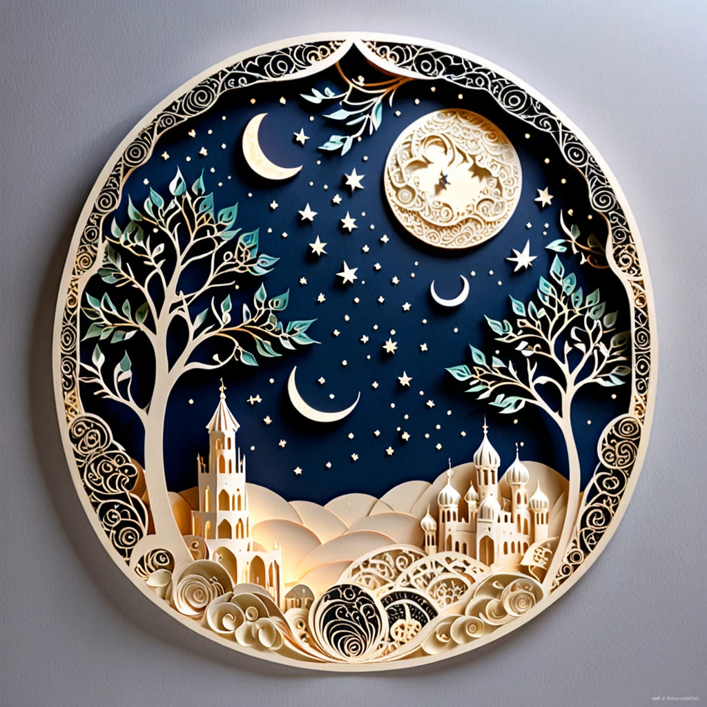 Create a detailed paper cutout artwork depicting an intricate scene of arabesque patterns against a moonlit night. The artwork should include elaborate, swirling designs that capture the essence of arabesque art, set against the backdrop of a serene night sky illuminated by a full moon. The moonlight should cast delicate shadows and highlights on the patterns, enhancing their depth and intricacy. The overall mood should be mystical and elegant, evoking a sense of timeless beauty.