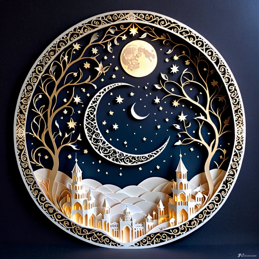Create a detailed paper cutout artwork depicting an intricate scene of arabesque patterns against a moonlit night. The artwork should include elaborate, swirling designs that capture the essence of arabesque art, set against the backdrop of a serene night sky illuminated by a full moon. The moonlight should cast delicate shadows and highlights on the patterns, enhancing their depth and intricacy. The overall mood should be mystical and elegant, evoking a sense of timeless beauty.