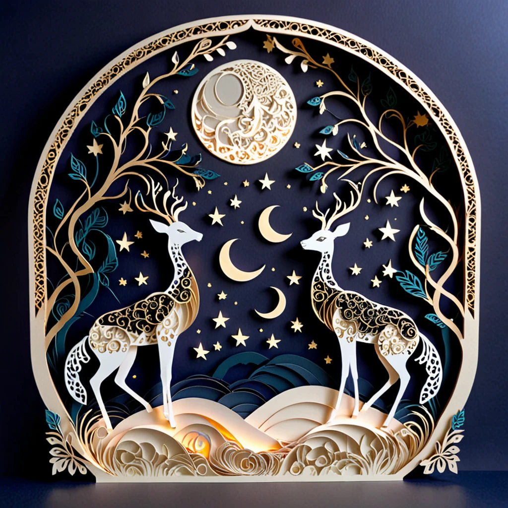 Create a detailed paper cutout artwork depicting an intricate scene of arabesque patterns against a moonlit night. The artwork should include elaborate, swirling designs that capture the essence of arabesque art, set against the backdrop of a serene night sky illuminated by a full moon. The moonlight should cast delicate shadows and highlights on the patterns, enhancing their depth and intricacy. The overall mood should be mystical and elegant, evoking a sense of timeless beauty.