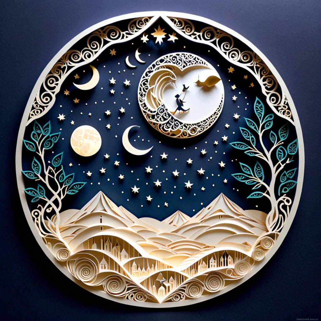 Create a detailed paper cutout artwork depicting an intricate scene of arabesque patterns against a moonlit night. The artwork should include elaborate, swirling designs that capture the essence of arabesque art, set against the backdrop of a serene night sky illuminated by a full moon. The moonlight should cast delicate shadows and highlights on the patterns, enhancing their depth and intricacy. The overall mood should be mystical and elegant, evoking a sense of timeless beauty.