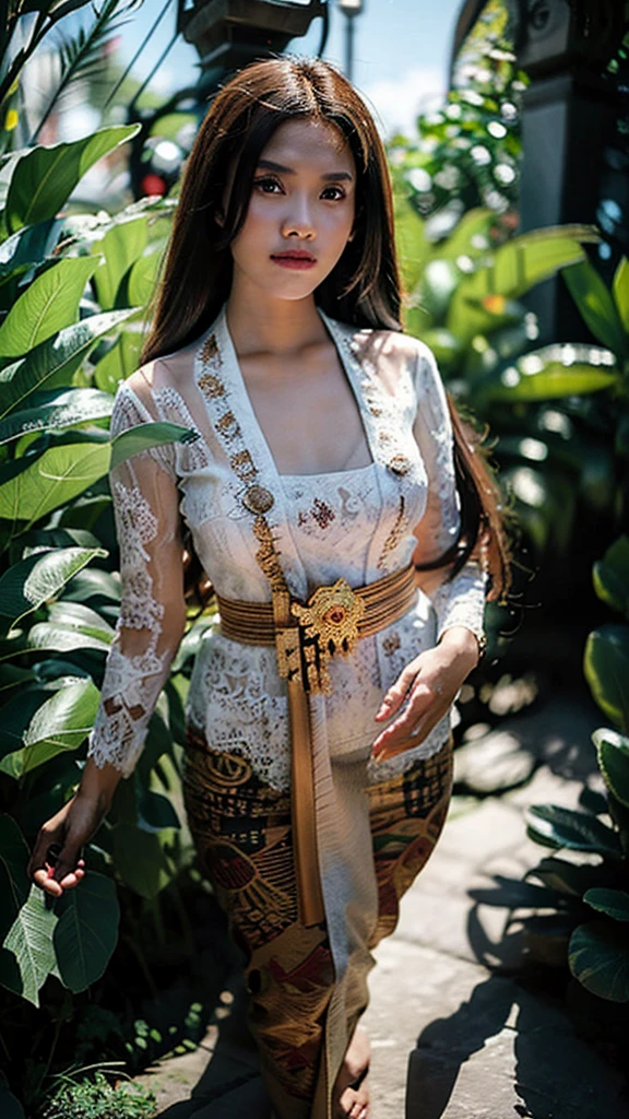 Hyperrealist portrait of female teen indonesian medium breast topless,wearing see-trough opened white balinese kebaya, long straight black hair, by david hockney and alphonse mucha, perfect ???????,detailed eyes, photo realistic, dynamic lighting, artstation, poster, volumetric lighting, very detailed faces, 4 k, award winning,, 1girl, in the dark, deep shadow, low key, super details, view full body modeling pose
