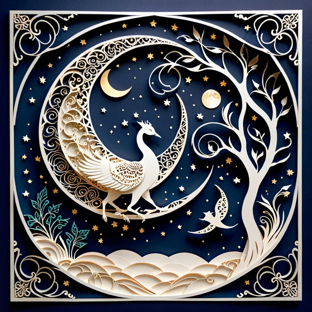 Create a detailed paper cutout artwork depicting an intricate scene of arabesque patterns against a moonlit night. The artwork should include elaborate, swirling designs that capture the essence of arabesque art, set against the backdrop of a serene night sky illuminated by a full moon. The moonlight should cast delicate shadows and highlights on the patterns, enhancing their depth and intricacy. The overall mood should be mystical and elegant, evoking a sense of timeless beauty.
