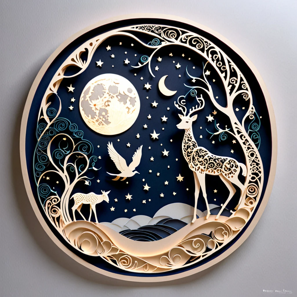 Create a detailed paper cutout artwork depicting an intricate scene of arabesque patterns against a moonlit night. The artwork should include elaborate, swirling designs that capture the essence of arabesque art, set against the backdrop of a serene night sky illuminated by a full moon. The moonlight should cast delicate shadows and highlights on the patterns, enhancing their depth and intricacy. The overall mood should be mystical and elegant, evoking a sense of timeless beauty.