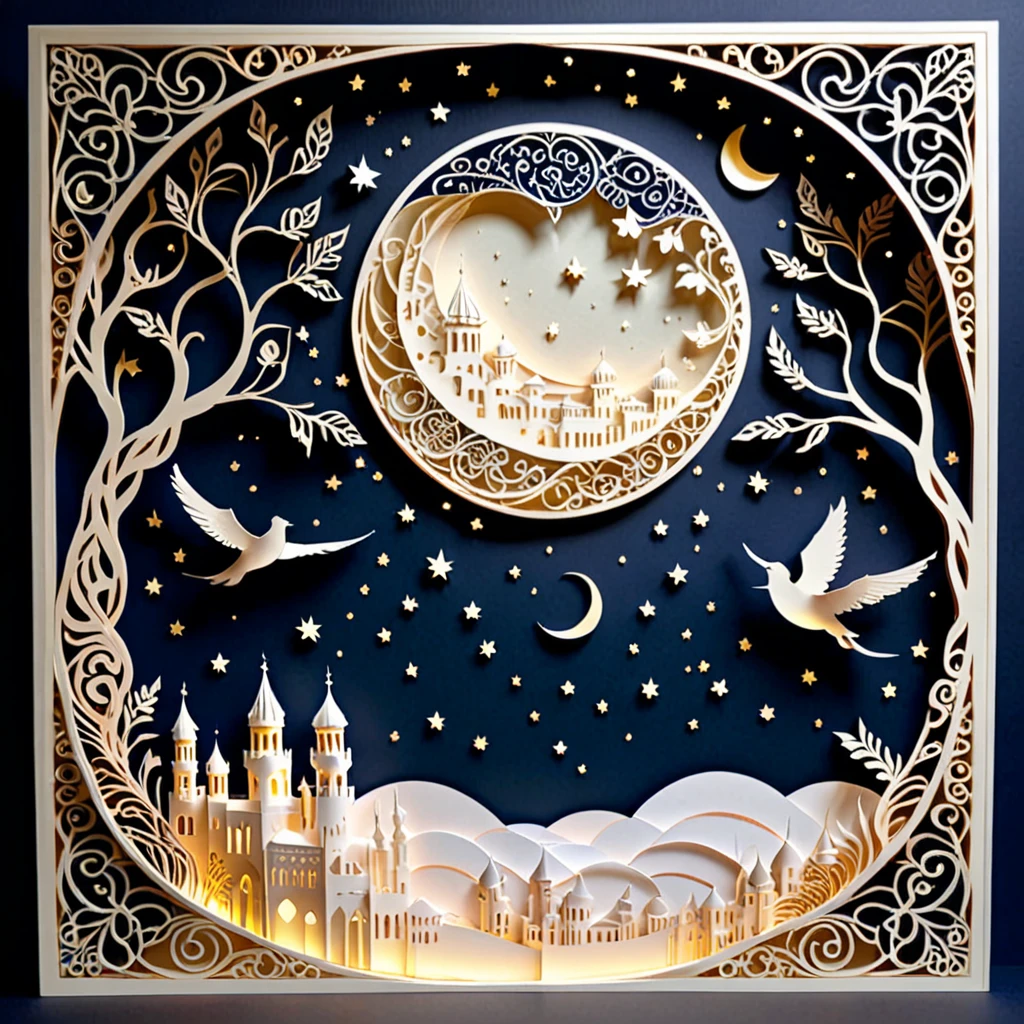 Create a detailed paper cutout artwork depicting an intricate scene of arabesque patterns against a moonlit night. The artwork should include elaborate, swirling designs that capture the essence of arabesque art, set against the backdrop of a serene night sky illuminated by a full moon. The moonlight should cast delicate shadows and highlights on the patterns, enhancing their depth and intricacy. The overall mood should be mystical and elegant, evoking a sense of timeless beauty.