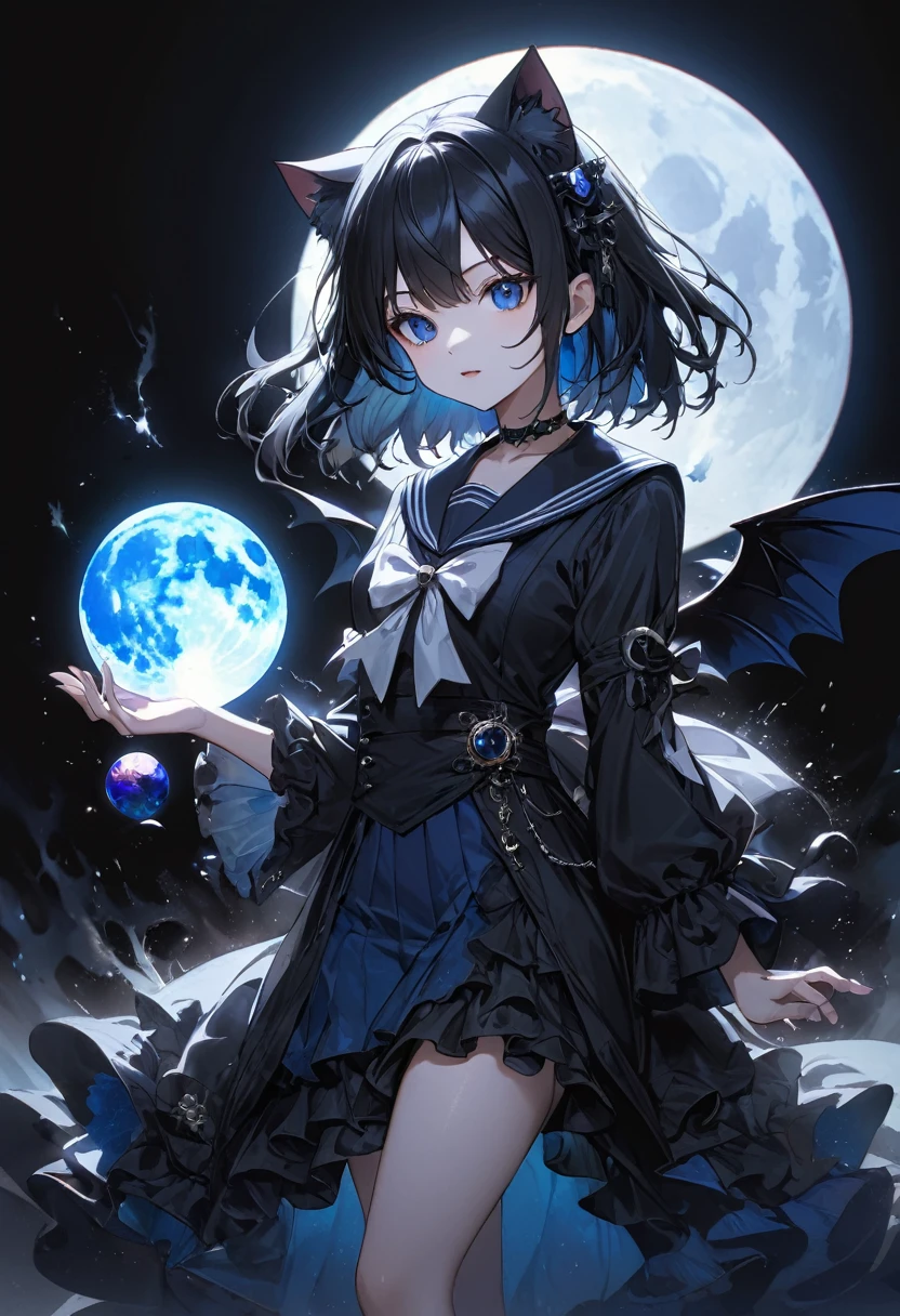 navy sailor、Black Wings、Black crown、girl、whole body、Black Hair、Cute black cat ears、beautiful青い目、Black crown、Black and blue vampire wings、强Light、return々s face、beautiful、Blue Moon、许多闪烁的灯Light、gem、大量蓝Light、Fantasy black cat,AmbiLight,Bright and colorful,black background,mist,Detailed description,Rich details,Explosion of imagination,Surreal的,Surreal,masterpiece,8K,Light,Tyndall effect