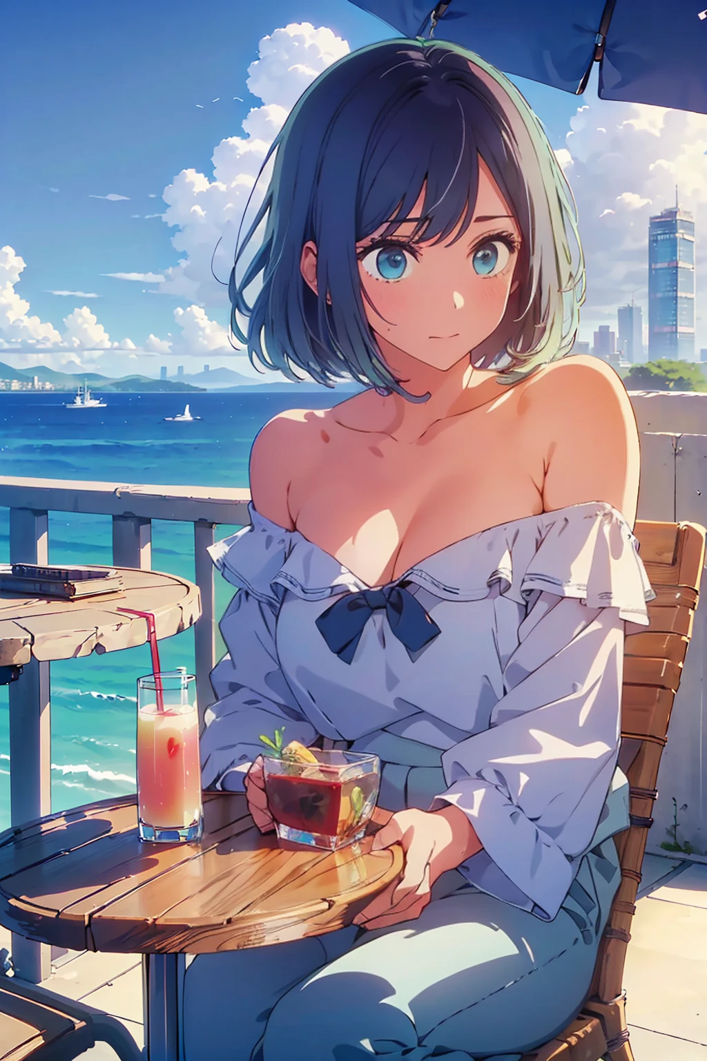 (Highest quality:1.4、8K:1.4、detailed)、F cup bust、Big Breasts、Slim body、Very white beautiful skin、((((1 person、Surprised expression、sit、Chair、In the background are the urban buildings of Tokyo、looking at the camera、Outdoor café terrace、coastal、Navy hair color、juice、Shooting up close、table、Very cute face))))、(Pose of putting hair behind ears with hands:1.4）、((((Areola、Off the shoulder))))、nude、Very blue sky、A completely cloudless sky