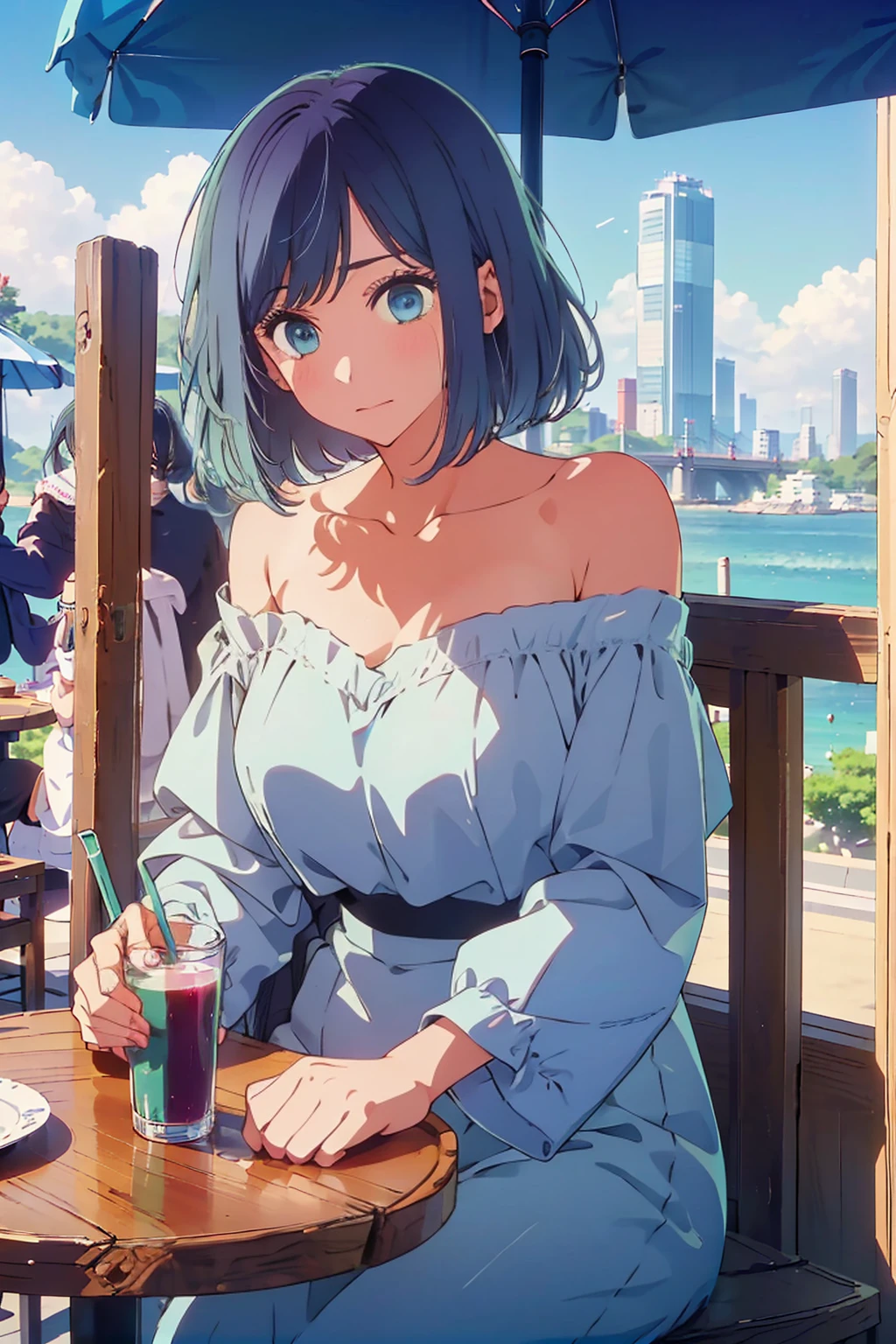 (Highest quality:1.4、8K:1.4、detailed)、F cup bust、Big Breasts、Slim body、Very white beautiful skin、((((1 person、Surprised expression、sit、Chair、In the background are the urban buildings of Tokyo、looking at the camera、Outdoor café terrace、coastal、Navy hair color、juice、Shooting up close、table、Very cute face))))、(Pose of putting hair behind ears with hands:1.4）、((((Areola、Off the shoulder))))、nude、Very blue sky、A completely cloudless sky