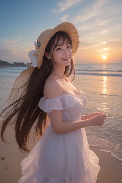 (8K, Highest quality, masterpiece:1.2), (Realistic, Realistic:1.37), Super detailed, 1 Girl,cute,Alone,Beautifully detailed skies,date,(blush),(smile:1.3),(Mouth open)Small breasts,Beautiful attention to detail,(Long Hair: 1.2),Floating Hair NovaFrogStyle,( Whole body 1:2)、one piece、Straw hat、Blonde、ponytail、Sunset on the beach、Playing in the sea、information