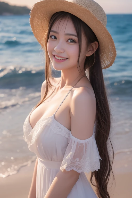 (8K, Highest quality, masterpiece:1.2), (Realistic, Realistic:1.37), Super detailed, 1 Girl,cute,Alone,Beautifully detailed skies,date,(blush),(smile:1.3),(Mouth open)Small breasts,Beautiful attention to detail,(Long Hair: 1.2),Floating Hair NovaFrogStyle,（ Whole body 1：2）、one piece、Straw hat、Blonde、ponytail、Sunset on the beach、Playing in the sea、information