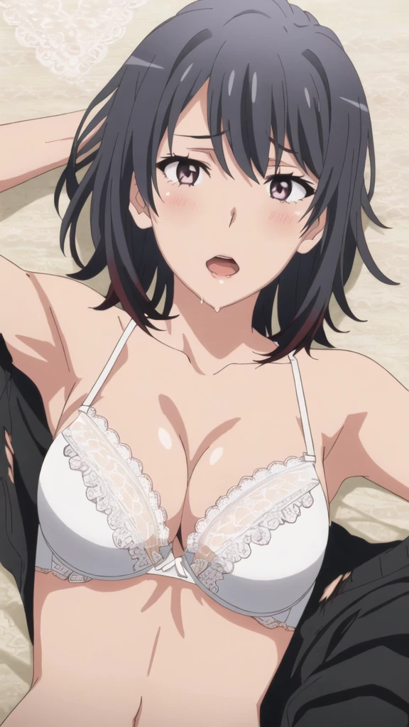 {Yukinoshita_yukino_yahariorenoseishunlovecomewamachigatteiru:1.15},black hair, blue_eyes, , 1 girl,,alone, hair between eyes,(torn clothes,White , white lace bra:1.5),strong facial expression,(sharp eye:1.2),(scowl:1.45),, bare shoulders,, cleavage,thighhighs,short hair, ,,nsfw,(ecstasy:1.5) ,(slut:1.2),(vulgarity:1.3),(fucked silly:1.1),(steam:1.1),(wet:0.8),(trembling:0.8),(tears:0.7) ,(drooling:0.6),(sweat:0.8),(wince:1.2),(orgasm:1.5),,, , beautiful light, half eye closed, close up face, , beautiful upper body, Beautiful body, beautiful character design, perfect eyes, Perfect face, expressive eyes, looking at the viewer,(lie on road),in the center of the image, official art,High Definition CG Unity, Perfect lit, bright_front_face_lit, ,(Highest_quality:1.0),4K,Super detailed, photograph, 8K, nsfw, High resolution, absurdes:1.2, kodak portrait 400, film grain, Lens flare, (lively_Farbe:1.2) (beautiful,small breasts:1.4), (beautiful_face:1.3),(narrow_waist),blush, ((detail nipple)),,